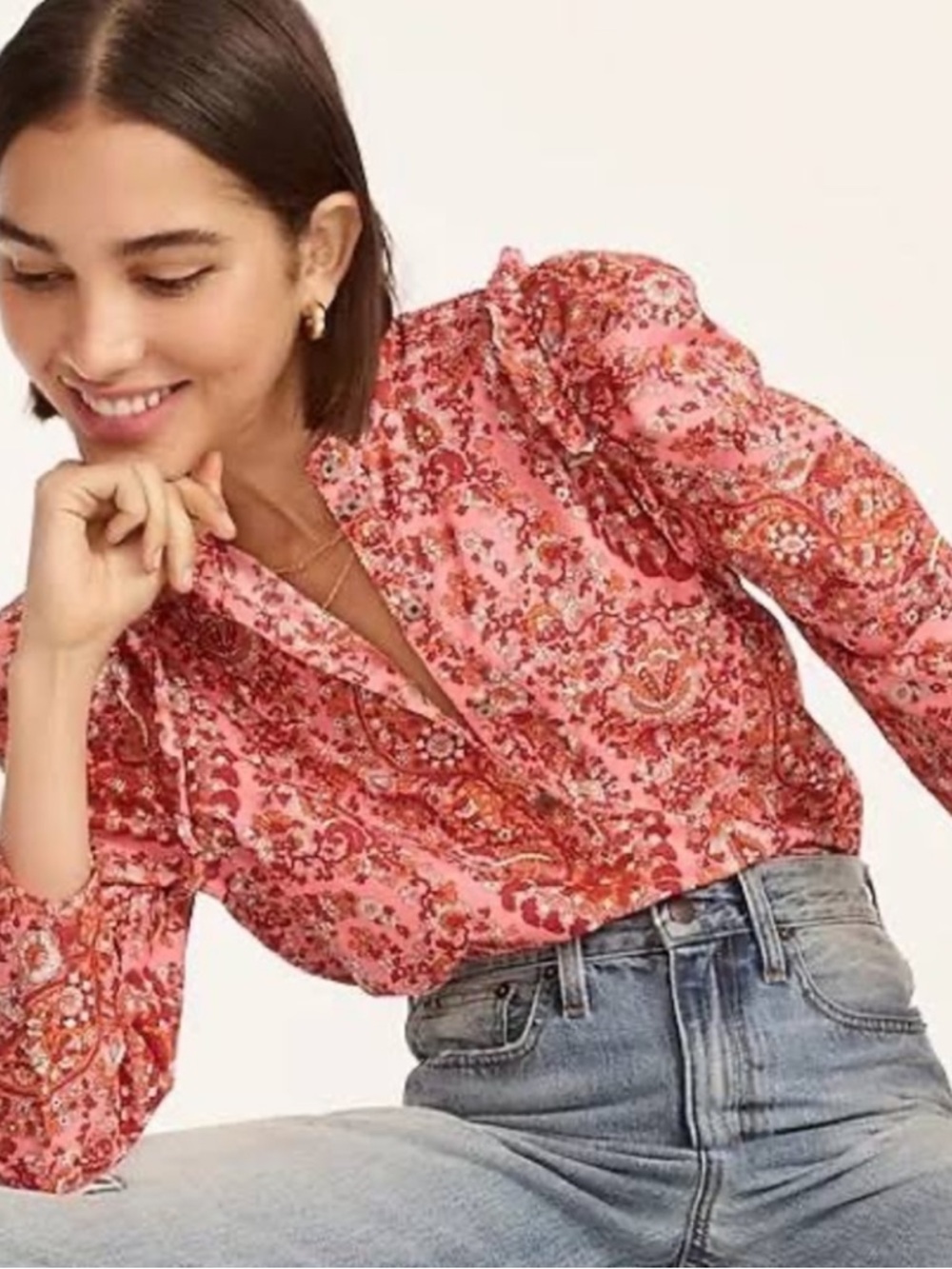 J.Crew Paisley Ruffle Cotton Blouse Size L